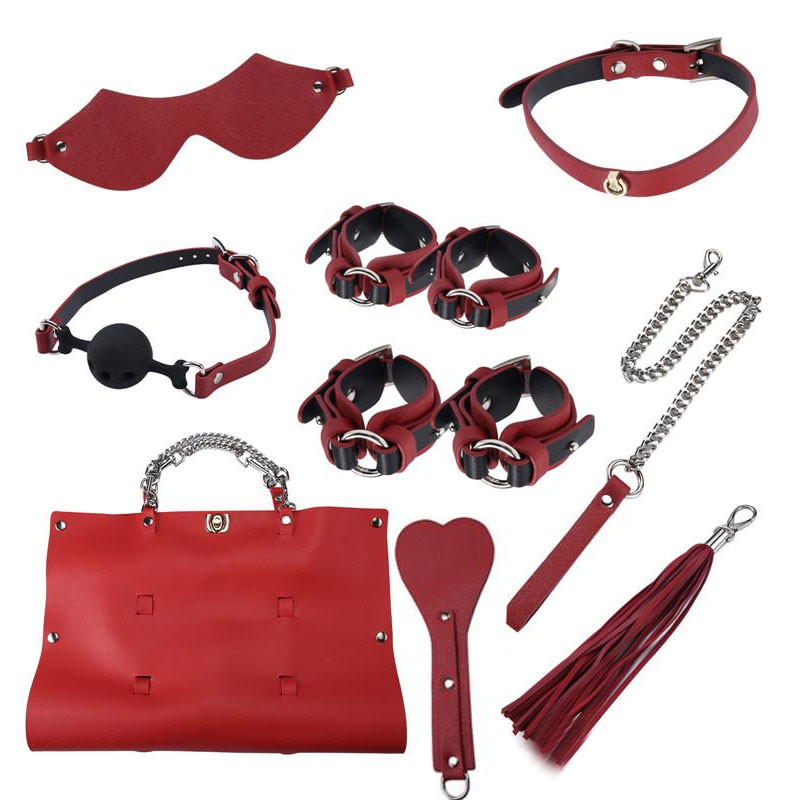 Kit Bondage com 8 Peças em Couro Sintético Vermelho – BONDAGE KITS - 4619