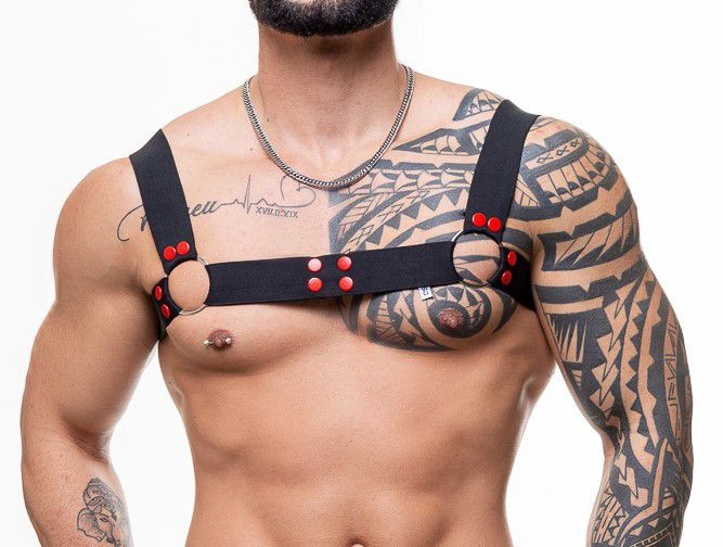 Harness Elástico Preto com Argolas e Detalhes Vermelho - 847