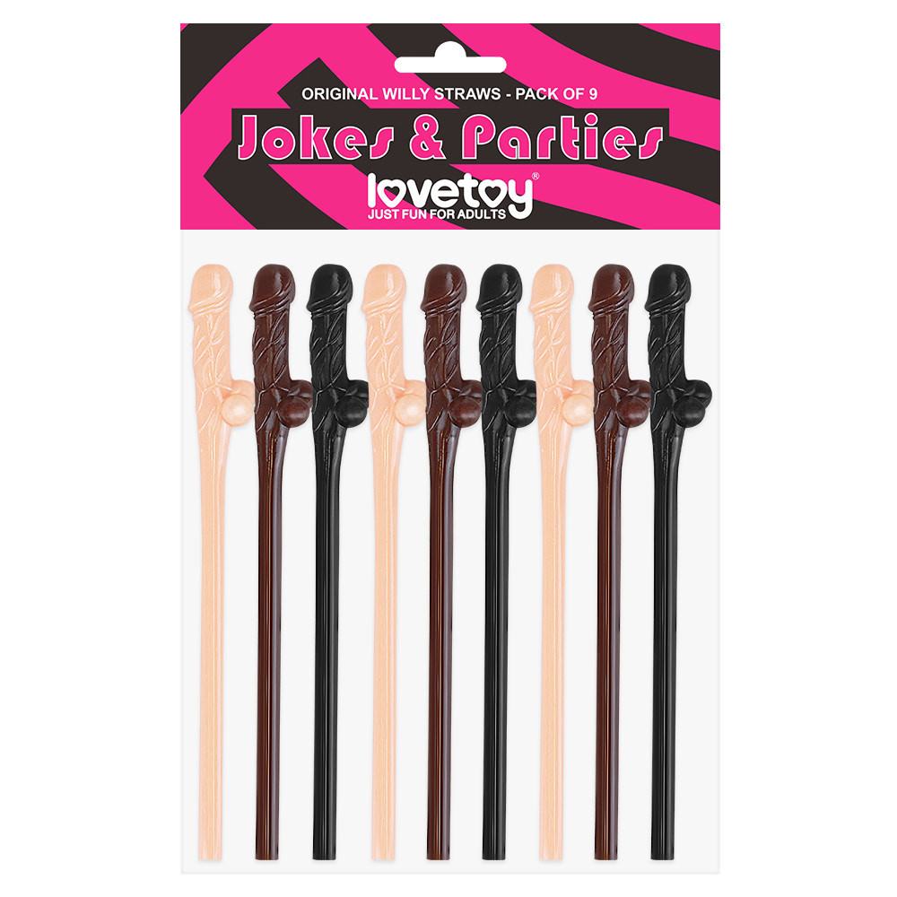 Kit com 9 Canudos Pênis Original Willy Straws Bege Marrom e Preto - 1493