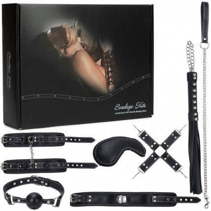 Kit Bondage com 7 Peças em Couro Sintético Preto – BONDAGE KITS - 4618