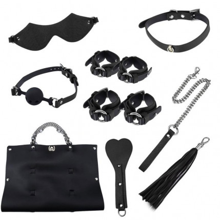 Kit Bondage com 8 Peças em Couro Sintético Preto – BONDAGE KITS - 4619