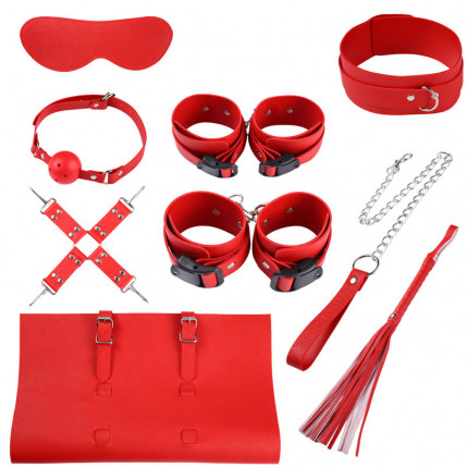 Kit Bondage com 7 Peças em Couro Sintético Vermelho – BONDAGE KITS - 4628