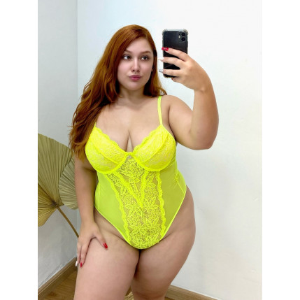 Body Renda Amarelo Neon Fran Plus - 2944